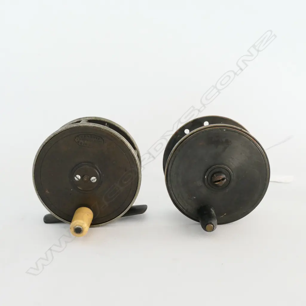 2 SMALL BRASS FISHING REELS, (ONE LACKS FOOT) Image 1++
